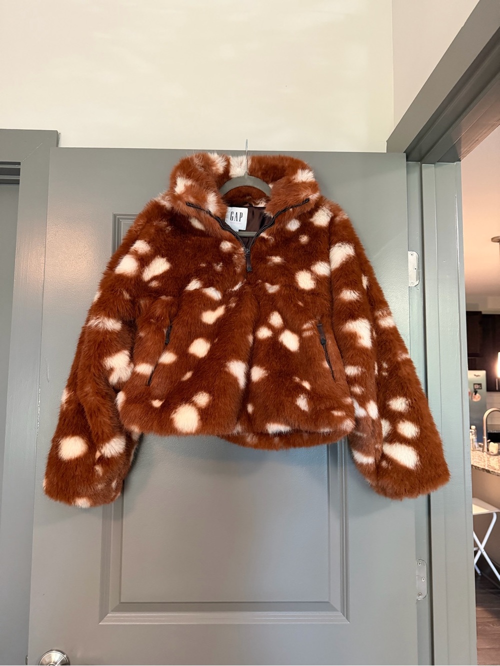 GAP Brown & Cream Spotted Faux Fur Puffer Jacket